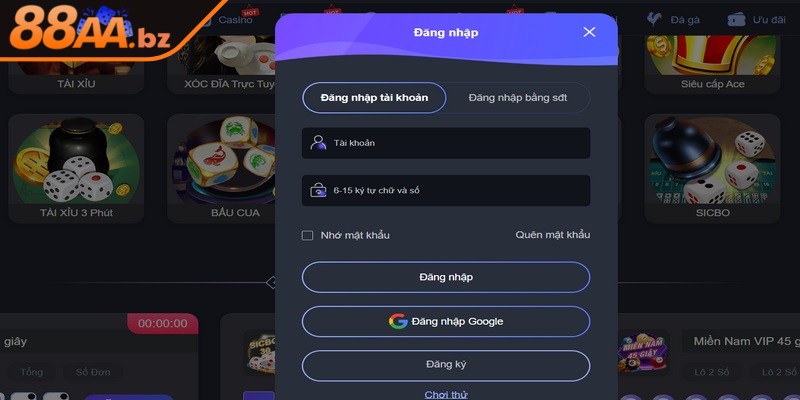 Điều kiện đăng nhập 88AA thành công là điền đúng thông tin